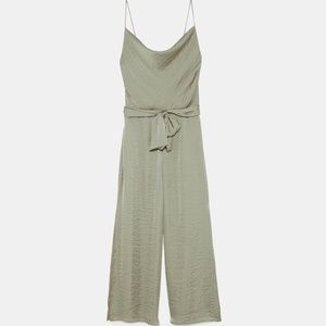 Zara Olive-green satin jumpsuit with slits on outer side of leg cowl neck